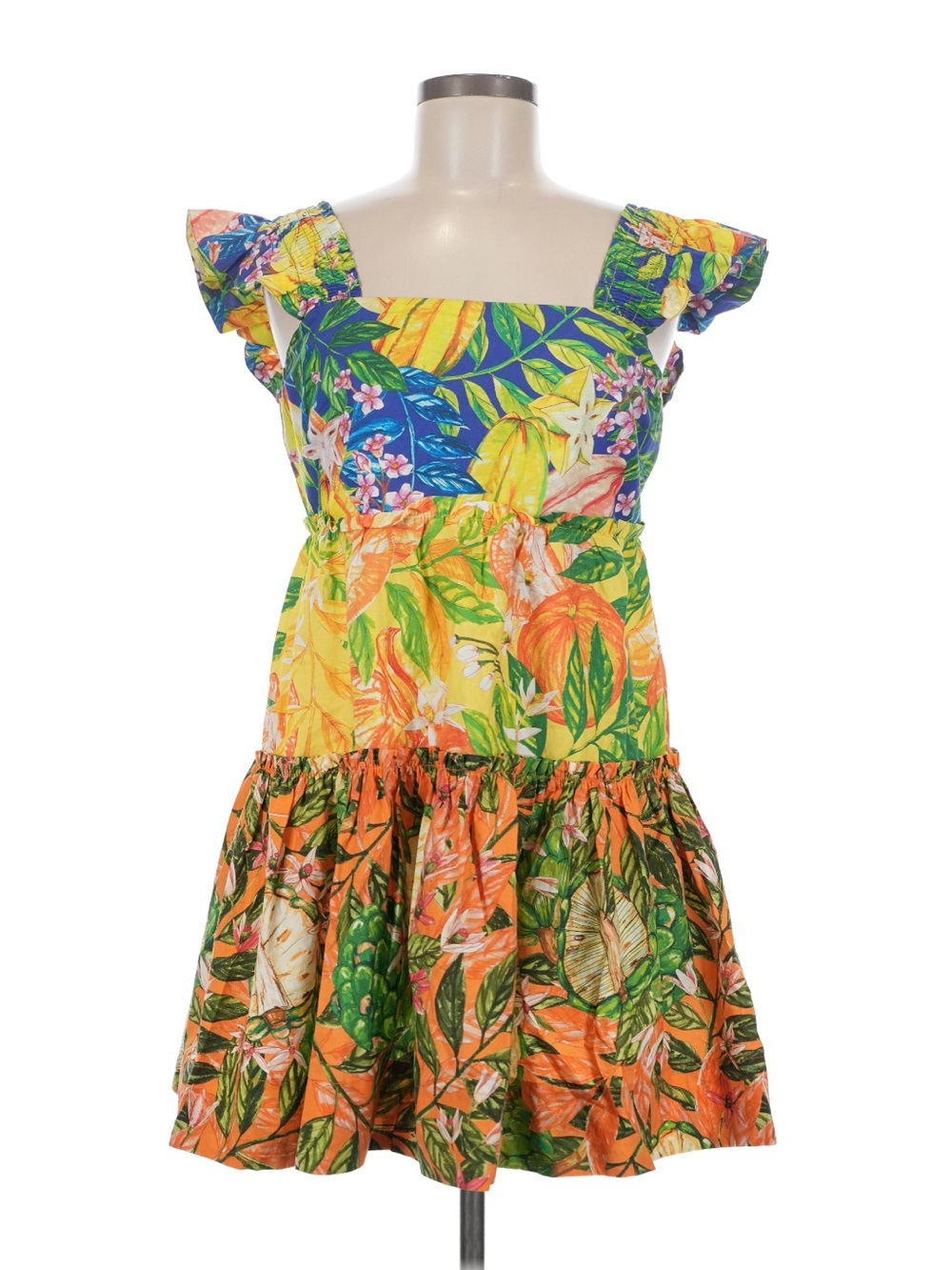 FARM Rio Caipirnha mini dress Yellow Multicolor Tropical vibrant Floral ruffle